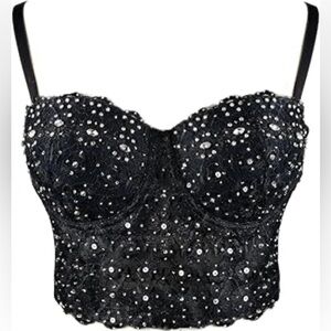 ELLACCI Natural Reigning Lace Rhinestone Bustier Crop‎ Top Sexy Corset Top Bra